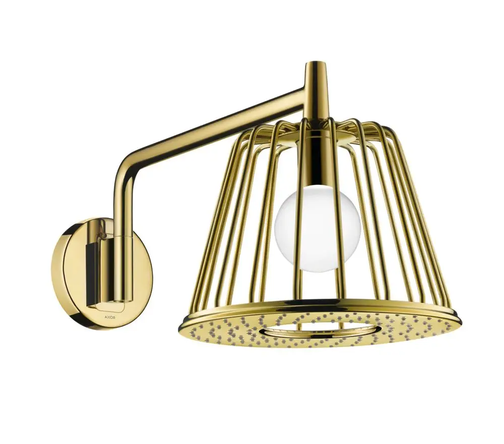 Wandmontierte Lampe in Polished Gold Optik mit einem offenen Gitterdesign und einer runden Glühbirne. Hergestellt von AXOR und geeignet für verschiedene Anwendungen.